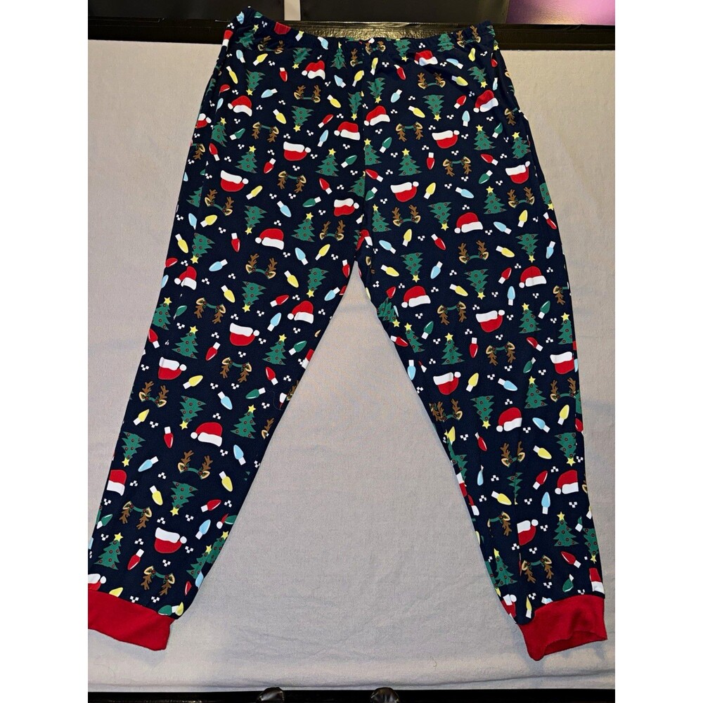 Holiday Time Women's Plus 2X Santa Graphic Print Knit Pajama Pants Blue Multi